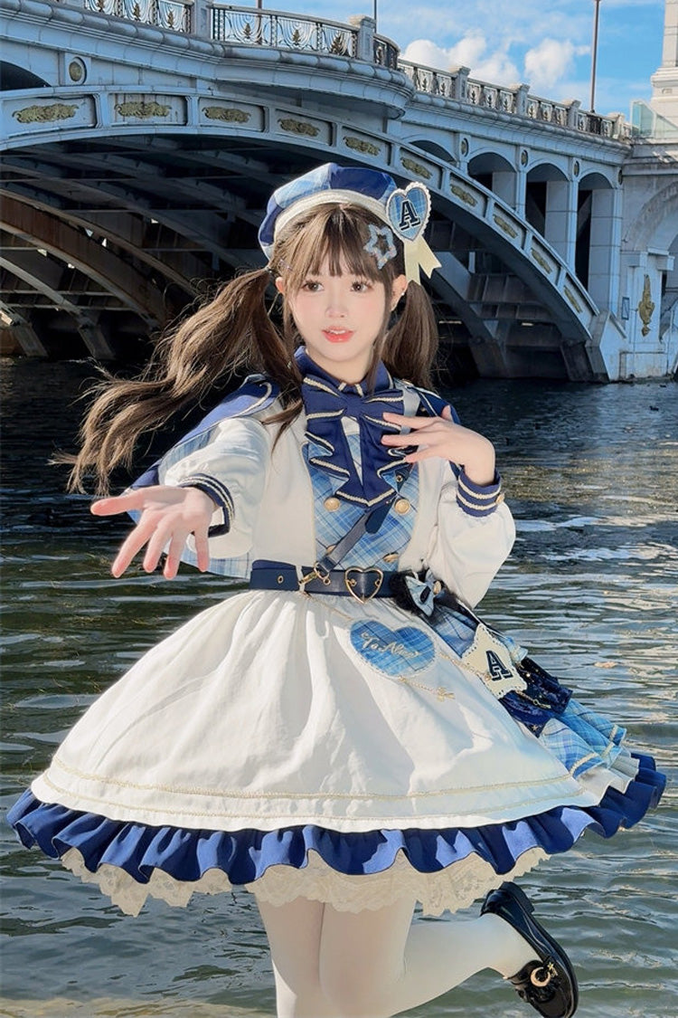 White/Blue [Starlight Academy Style] Long Sleeves Printed Ruffled Spliced Asymmetric Faux Two-Piece Sweet Lolita Dress - Product - 6