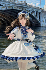 White/Blue [Starlight Academy Style] Long Sleeves Printed Ruffled Spliced Asymmetric Faux Two-Piece Sweet Lolita Dress - Product - 6