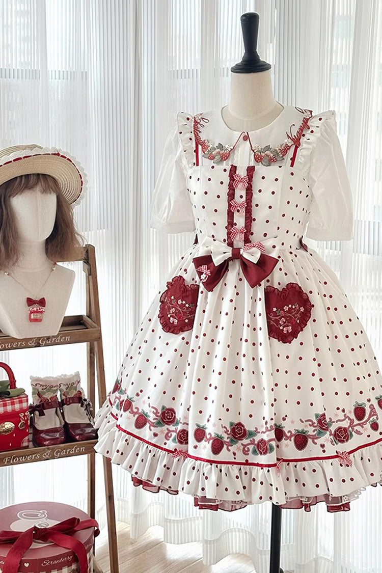 White [Strawberry Diary] Print Ruffle Bowknot Sweet Lolita Jsk Dress - Product - 3