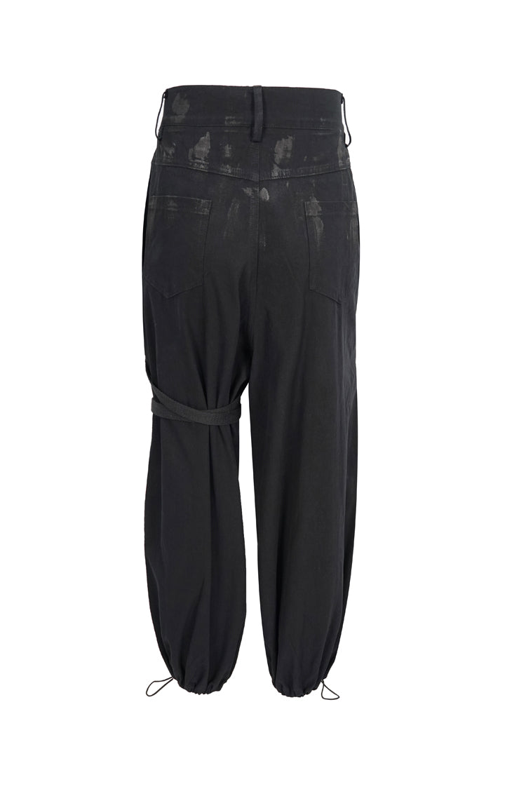Black Irregular Print Single Side Frenulum Ring Legs Drawstring Closing Women's Punk Pants - Product - 9