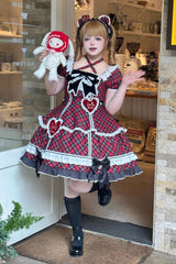 Red [Shibuya Sweetheart] Short Sleeves Plaid Print Ruffle Bowknot Sweet Lolita OP Dress (Plus Size Support) - Red - 1