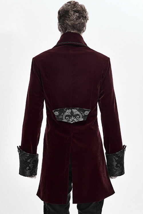 Red Court Pattern Lapel Collar Velvet Mens Gothic Coat - Product - 3