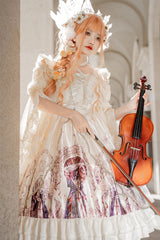 Ivory Ancient Mythology Angel Wings Print Mesh Stitching Bowknot Ruffled Gothic Lolita Jsk Dress - Product - 3