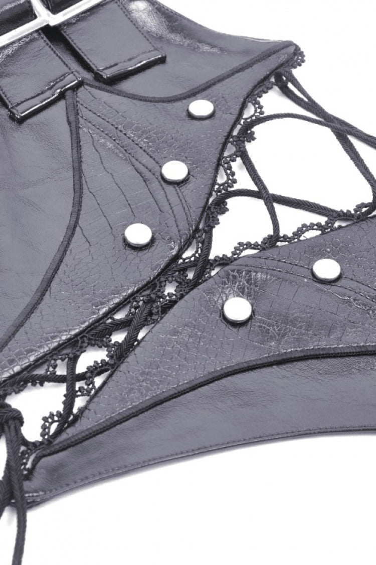 Black Lace-Up Buckled Zippered Women's Punk Shiny PU Corset - Product - 13