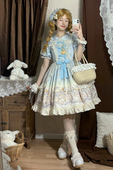 Blue [Angel Lamb] Lapel Collar Short Sleeves Printed Ruffled Bow Sweet Lolita Dress - Blue - 1