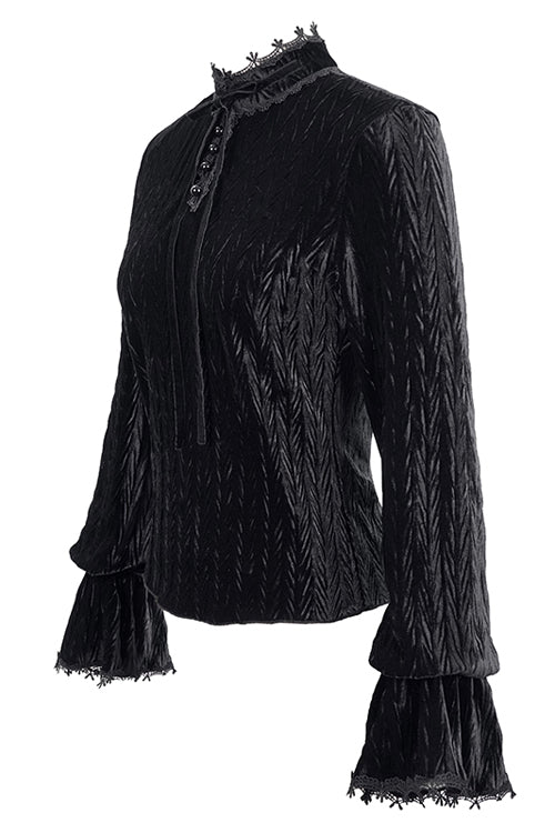 Black Pleated Velvet Trumpet Sleeves Womens Gothic Blouse - Product - 5