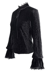 Black Pleated Velvet Trumpet Sleeves Womens Gothic Blouse - Product - 5