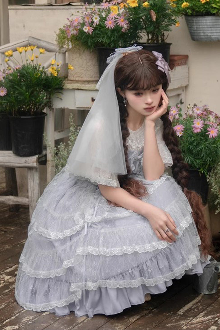 Blue Iris Love Multi-layer Jacquard Bowknot Sweet Elegant Princess Lolita Jsk Dress - Product - 8