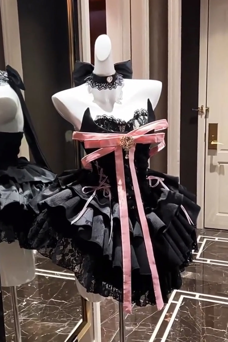 Black [Kitten Sweetheart] Multi-Layered Ruffled Bow Lace-Up Princess Ballet Gothic Lolita Jsk Dress - Black - 2