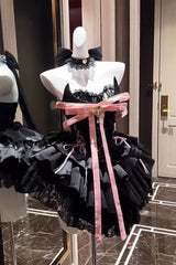 Black [Kitten Sweetheart] Multi-Layered Ruffled Bow Lace-Up Princess Ballet Gothic Lolita Jsk Dress - Black - 2