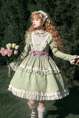 Green [Solitary Orchid In Quiet Valley] Long Sleeves Multi-Layered Embroidery Bowknot Sweet Lolita Dress - Green - 1