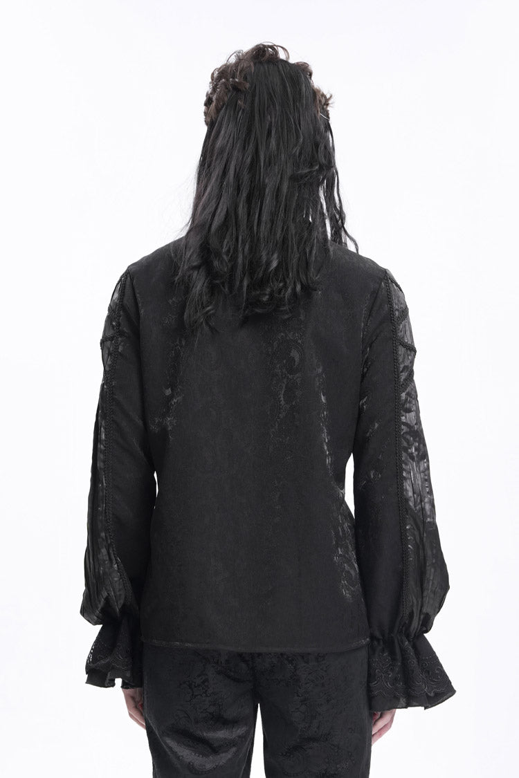 Black Stand Collar Long Sleeves Pleated Lace Crochet Men's Gothic Blouse - Product - 3