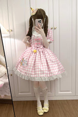 Pink Rabbit & Bear Plaid Print Short Sleeves Ruffle Embroidery Bowknot Lace Sweet Lolita Dress - Product - 6