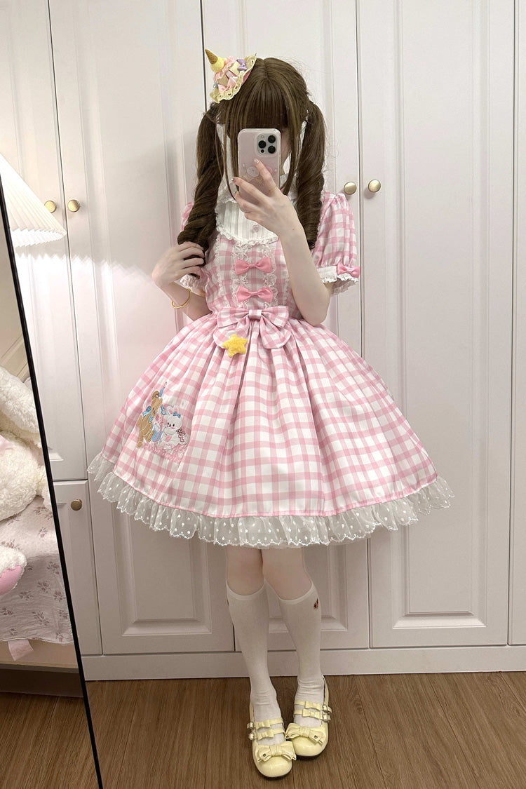 Pink Rabbit & Bear Plaid Print Short Sleeves Ruffle Embroidery Bowknot Lace Sweet Lolita Dress - Product - 6