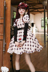 Pink Doll Collar Bubble Long Sleeve Ruffled Plaid Print With Vest Sweet Lolita OP Dress - Product - 3