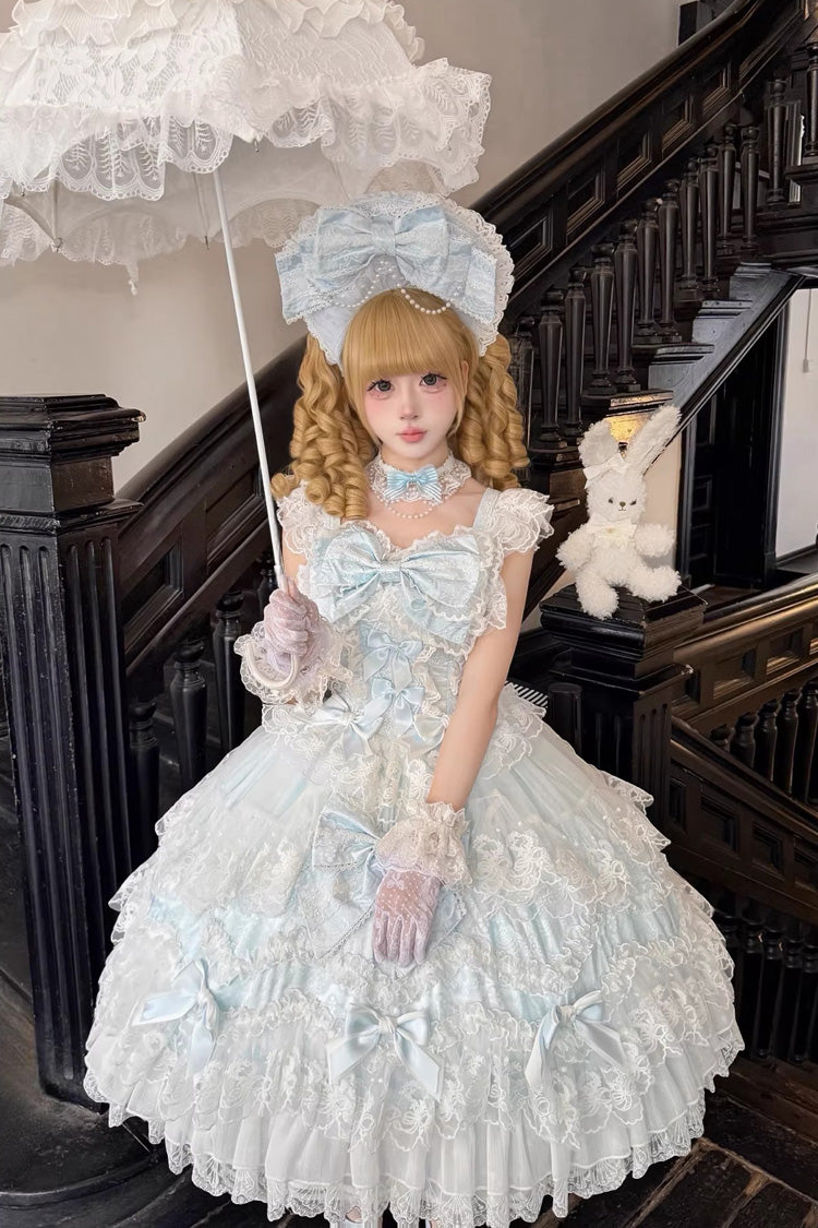 Blue [Sakura Dream Romance] Sleeveless Multi-Layered Ruffled Hanayome Bow Lace Sweet Princess Lolita Jsk Dress - Product - 5