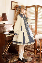 Blue/Apricot Navy Collar Long Sleeves Print Ruffle Bowknot Sweet Plus Size Lolita Dress - Product - 7