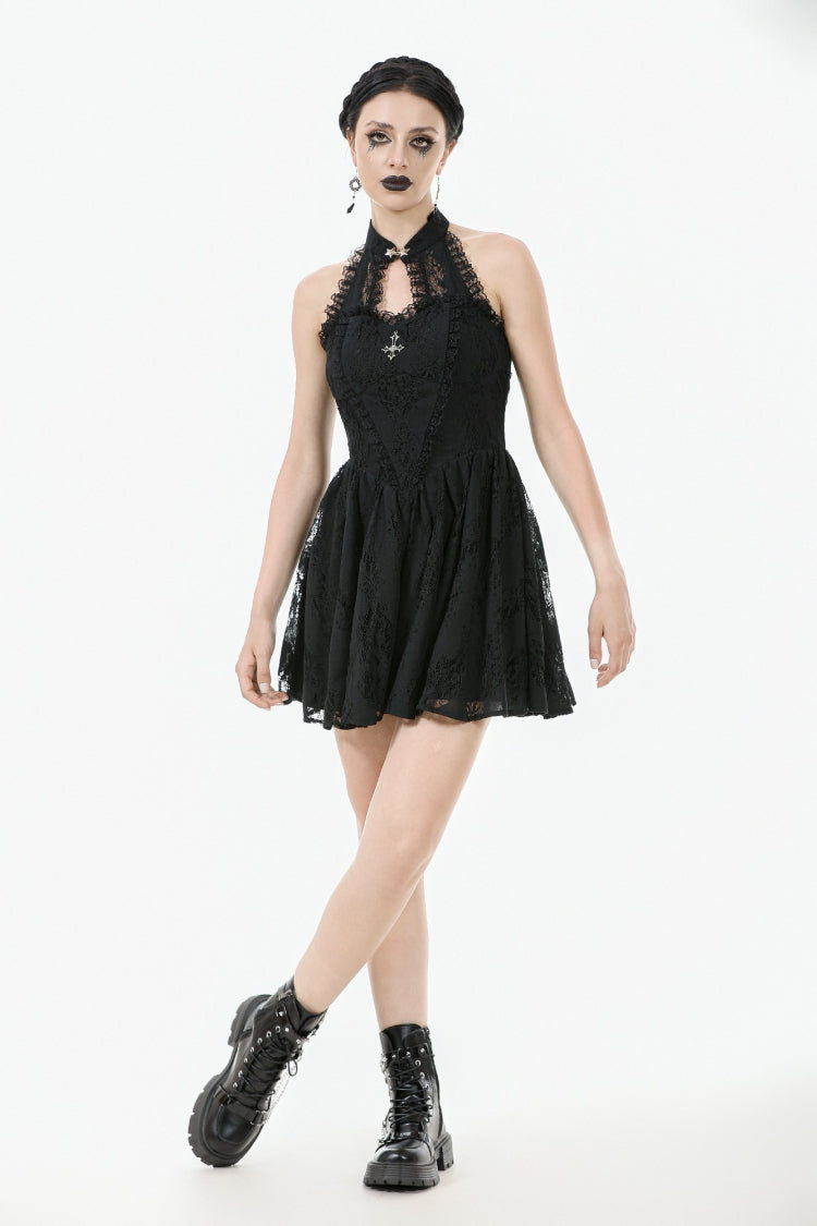 Black Off Shoulder Halterneck Sleeveless Lace Women's Gothic Short Dress - Product - 6