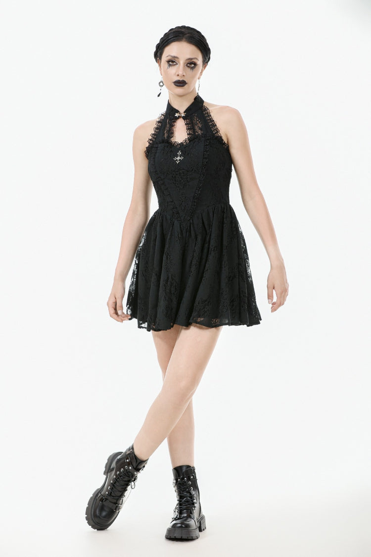 Black Off Shoulder Halterneck Sleeveless Lace Women's Gothic Short Dress - Product - 6