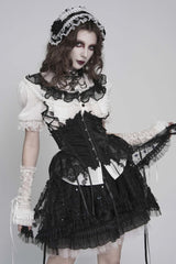 Black/White Stand Collar Short Sleeves Embroidered Lace Lace-Up Slim Pleated Women's Gothic Palace Blouse - Product - 10