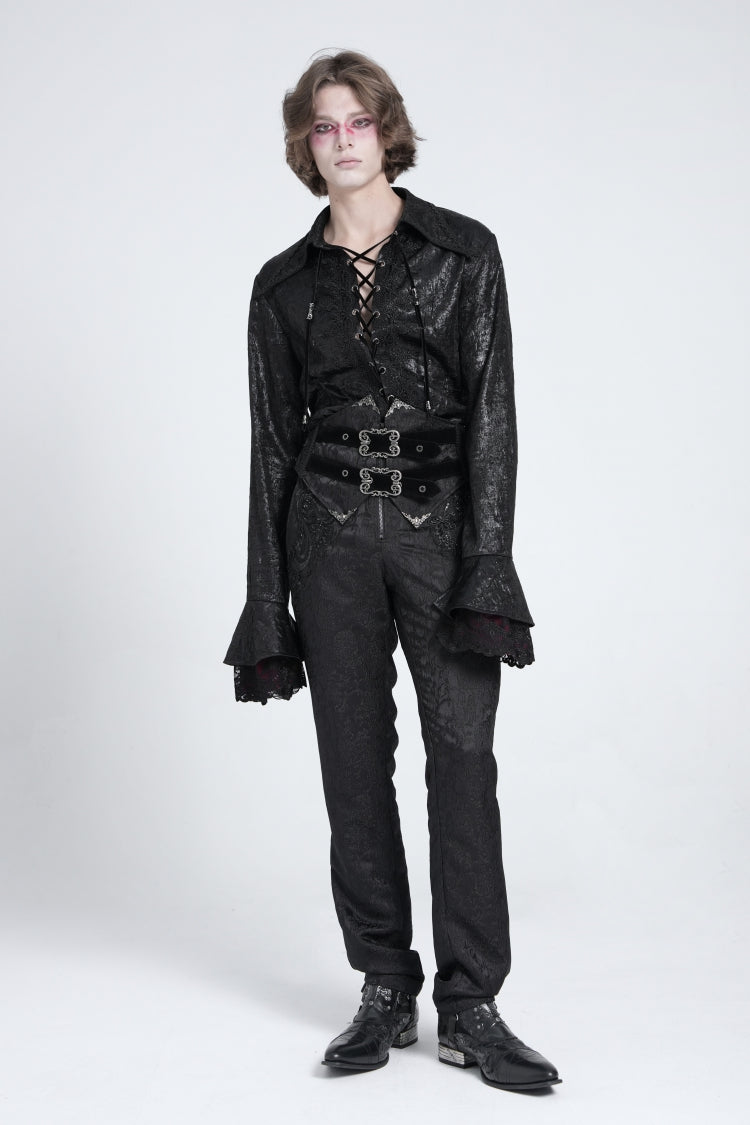 Black Long Trumpet Sleeves Lace-Up Men's Gothic Swallow-tailed Blouse - Product - 4
