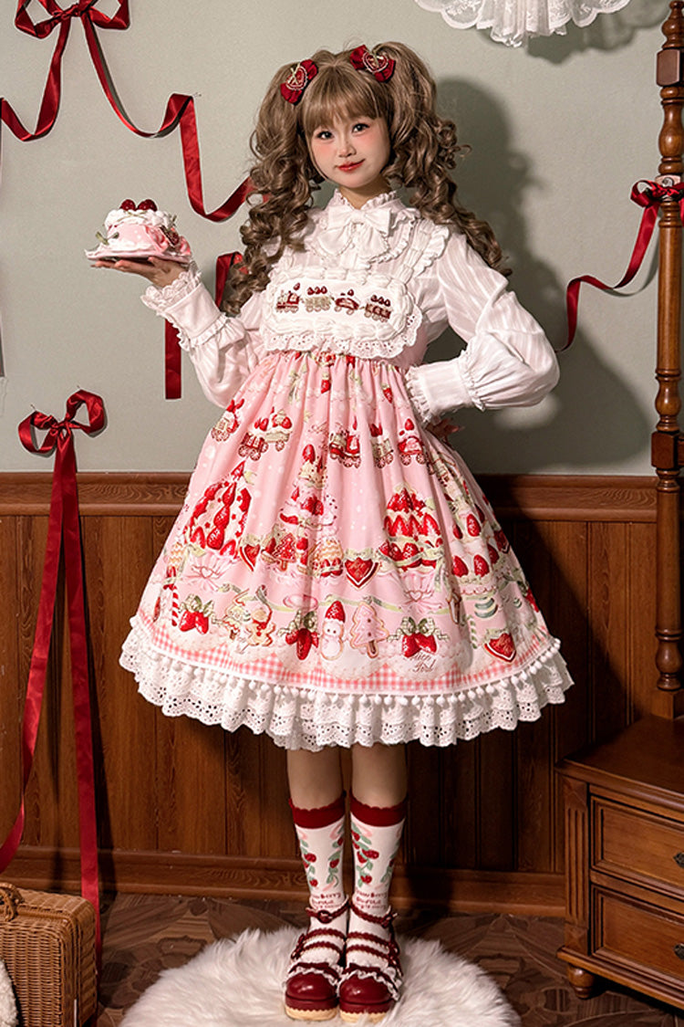 Mint Strawberry Dessert Print High Waisted Ruffle Bowknot Sweet Lolita JSK Dress 4 Colors - Product - 12