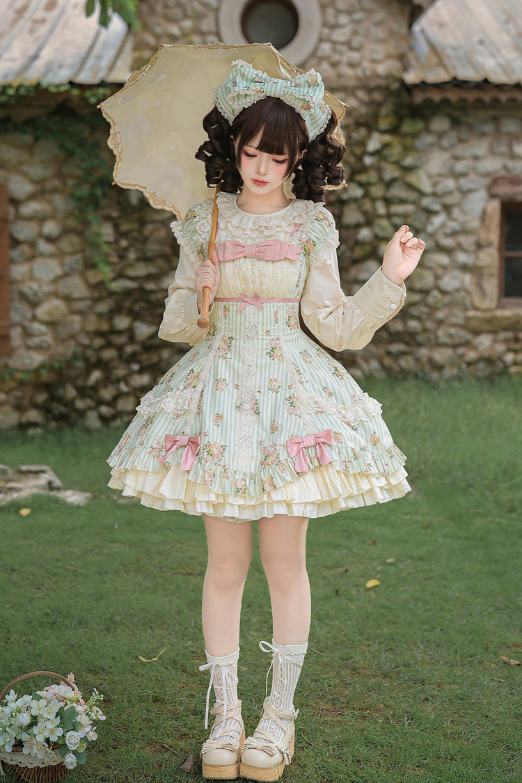 Green [An Encounter with Austin] Square Collar Short Sleeves Multi-Layered Rose Printed Ruffled Bow Lace Sweet Lolita Dress 2 Versions - Product - 3