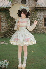 Green [An Encounter with Austin] Square Collar Short Sleeves Multi-Layered Rose Printed Ruffled Bow Lace Sweet Lolita Dress 2 Versions - Product - 3