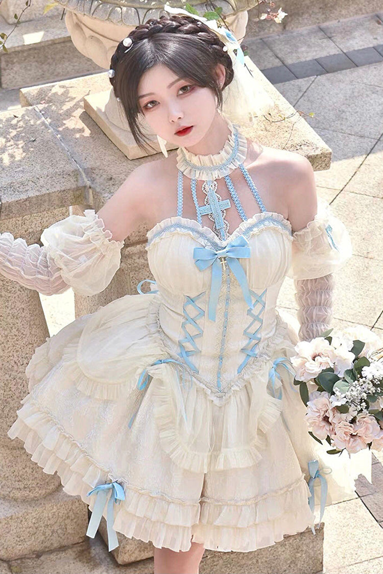 Blue/Ivory Tube Top Sleeveless Ruffle Bowknot Gothic Lolita Jsk Tiered Dress - Product - 3
