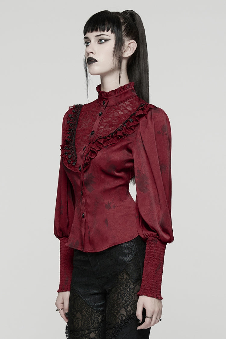 Red Stand Collar Long Puff Sleeves Ruffle Stitching Lace Women's Gothic Blouse - Product - 2
