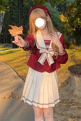 Red/White Bowknot Sweet College Style Japanese School Skirt Set - Red/White - 1