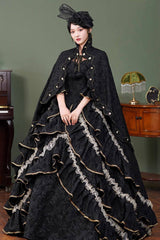 Black Square Collar Half Trumpet Sleeves Ruffled Open-Front Lace Gothic Vintage Palace Lolita Victorian Dress - Black - 1