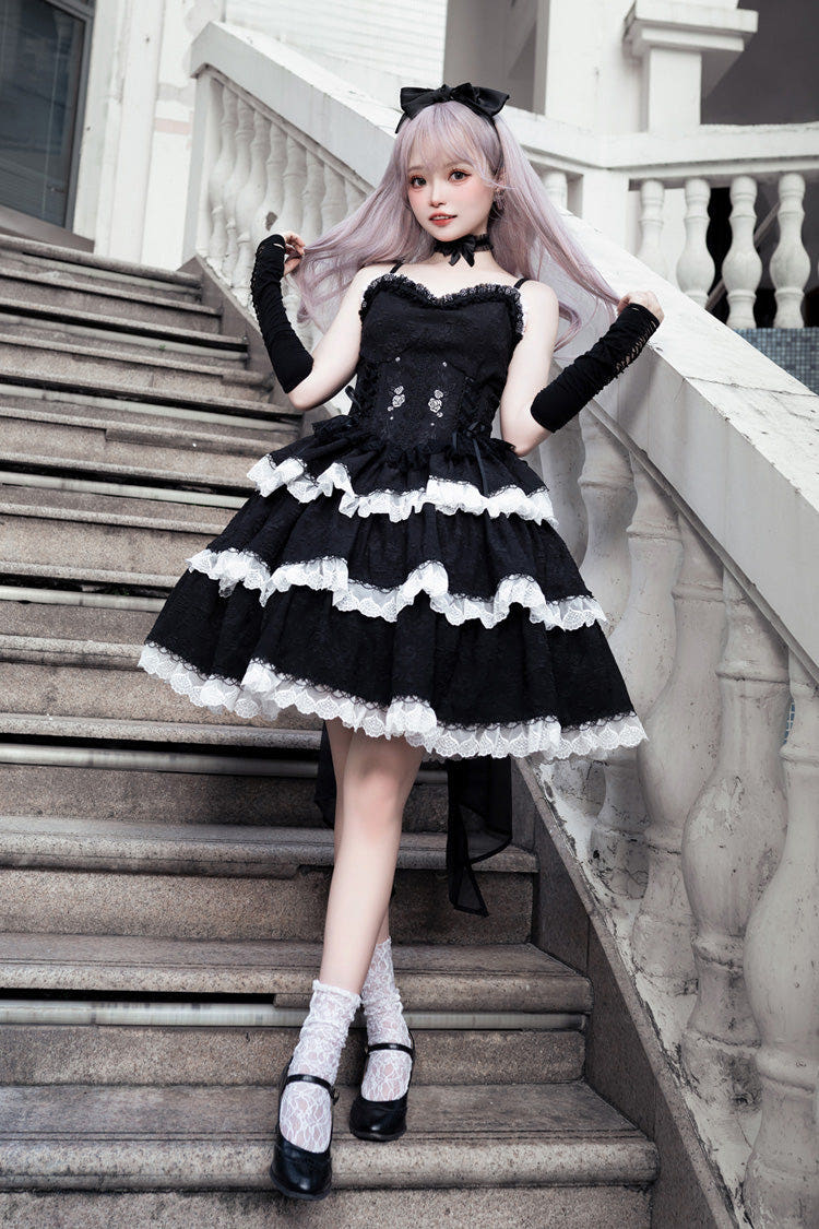 Black Triple-Layered Ruffle Embroidery Bowknot Gothic Lolita Jsk Dress - Black - 1