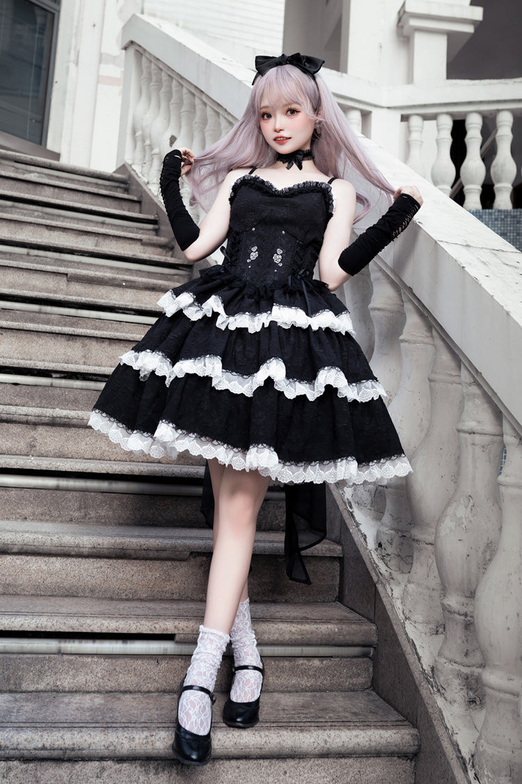 Black Triple-Layered Ruffle Embroidery Bowknot Gothic Lolita Jsk Dress - Black - 1