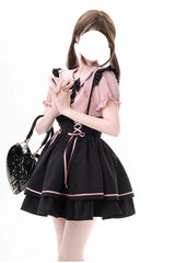 Black/Pink First Sakura Short Sleeves Multi-layer Lace-Up Sweet Jirai Kei Japanese Set - Product - 6
