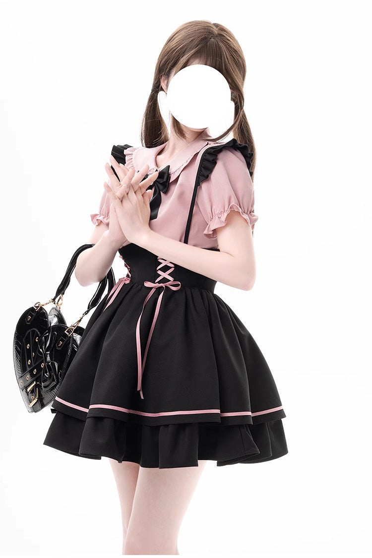 Black/Pink First Sakura Short Sleeves Multi-layer Lace-Up Sweet Jirai Kei Japanese Set - Product - 6
