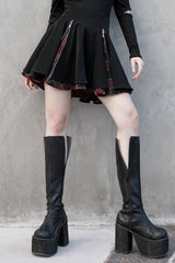 Black Stitching Red Plaid Women's Punk Pleated Skirt - Black - 1