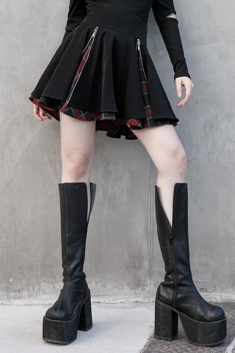 Black Stitching Red Plaid Women's Punk Pleated Skirt - Black - 1