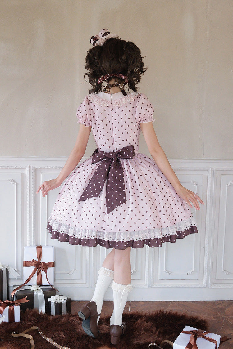 Pink [Canelé Gift Box] Round Collar Short Sleeves Double-Layered Printed Polka Dot Ruffled Open-Front Bow Asymmetric Sweet Lolita Dress - Product - 19