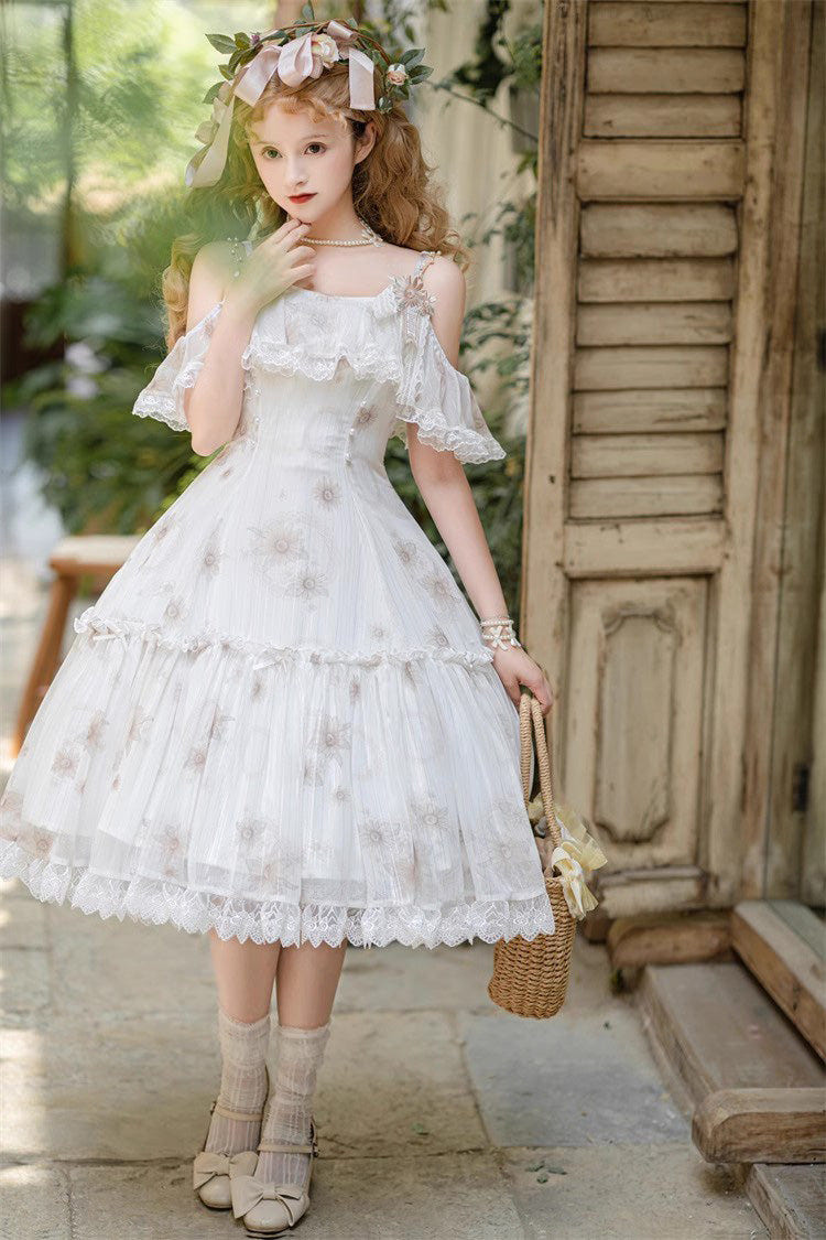 White Sunflower Dance Print Sweet Elegant Princess Lolita Jsk Dress - Product - 5