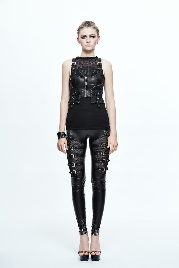 Black/Silver Hand Rubbed Leather Hasp Zipper Short Women's Punk Waistcoat - Product - 4