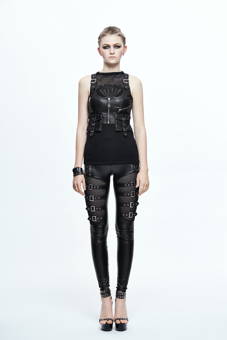 Black/Silver Hand Rubbed Leather Hasp Zipper Short Women's Punk Waistcoat - Product - 4