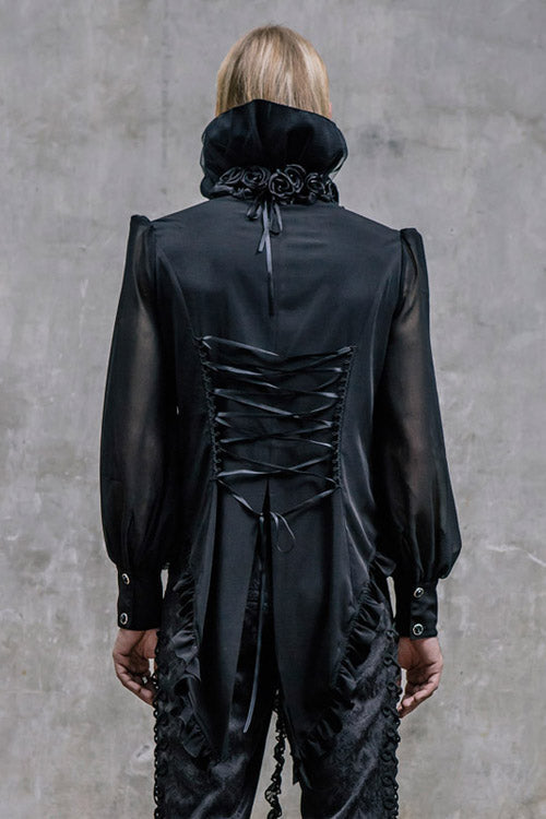 Black High Collar Lace Up Dovetail Hem Mens Gothic Blouse - Product - 3