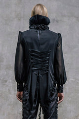 Black High Collar Lace Up Dovetail Hem Mens Gothic Blouse - Product - 3