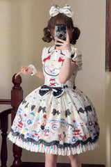 Beige [Mystery Rabbit Tea Party] Sleeveless Print Ruffle Bowknot Lace Sweet Lolita Jsk Dress - Product - 7
