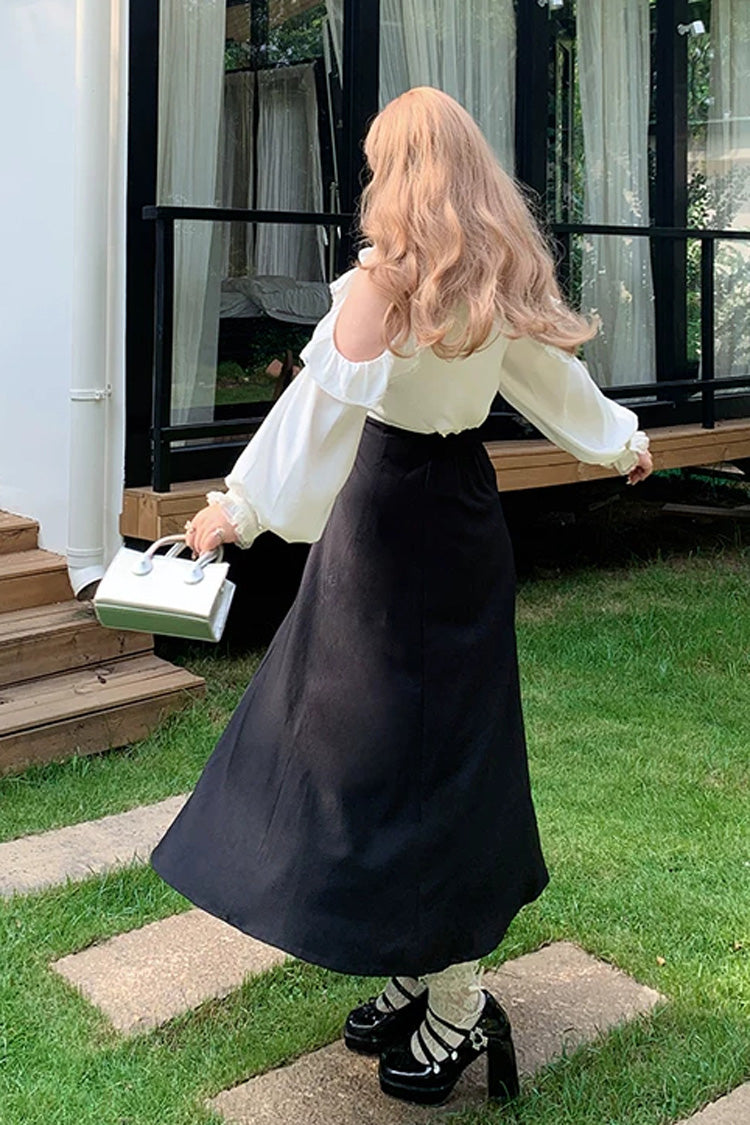 Black/White V Collar Off Shoulder Long Sleeves Ruffled Bow Faux Two-Piece Classic Plus Size Lolita Dress - Product - 4