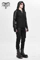 Black Chest Lace Up Vertical Stripes Woolen Splice Bright Crimped Fabric Hooded Men's Punk T-Shirt - Product - 4