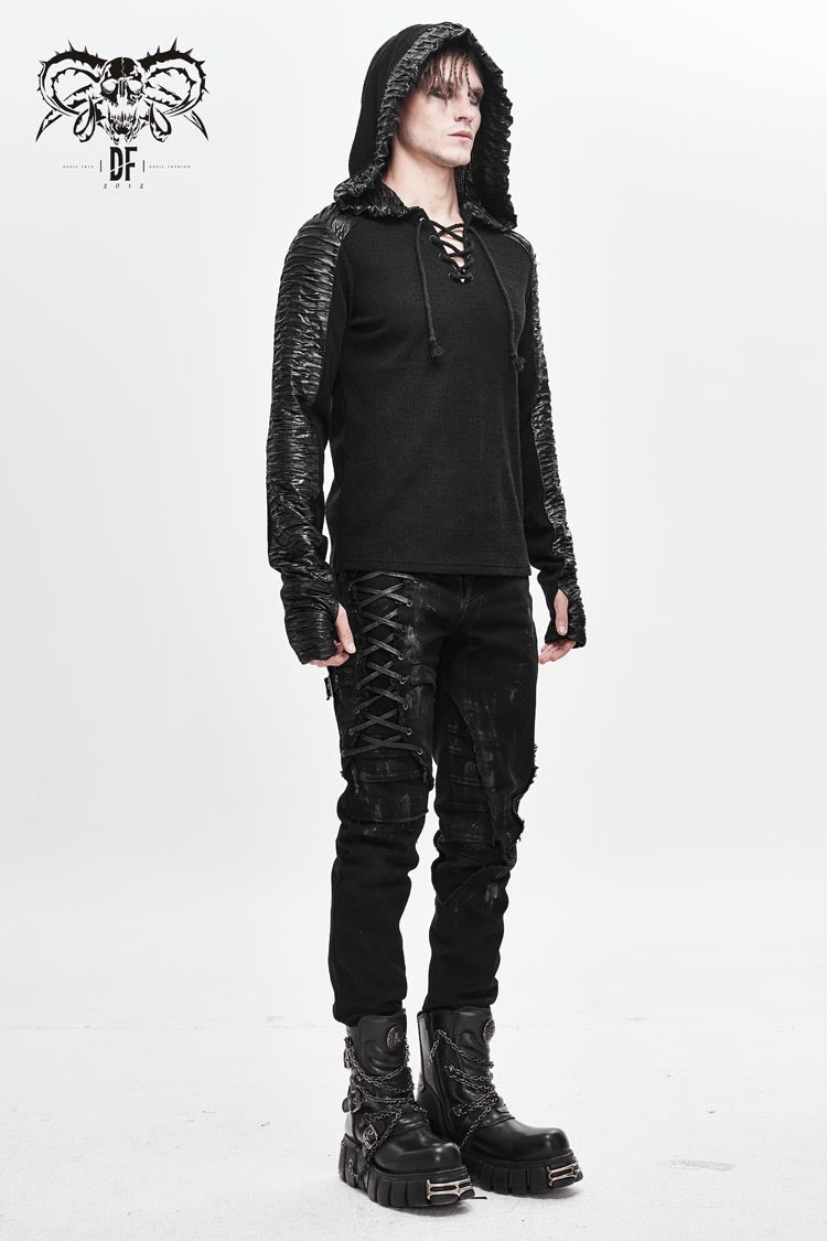 Black Chest Lace Up Vertical Stripes Woolen Splice Bright Crimped Fabric Hooded Men's Punk T-Shirt - Product - 4