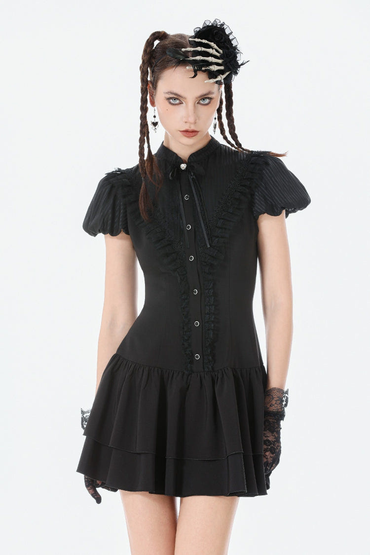 Black Short Sleeves Pleated Bow-Trim Lace Lace-Up Women's Lolita Gothic Dress - Black - 1