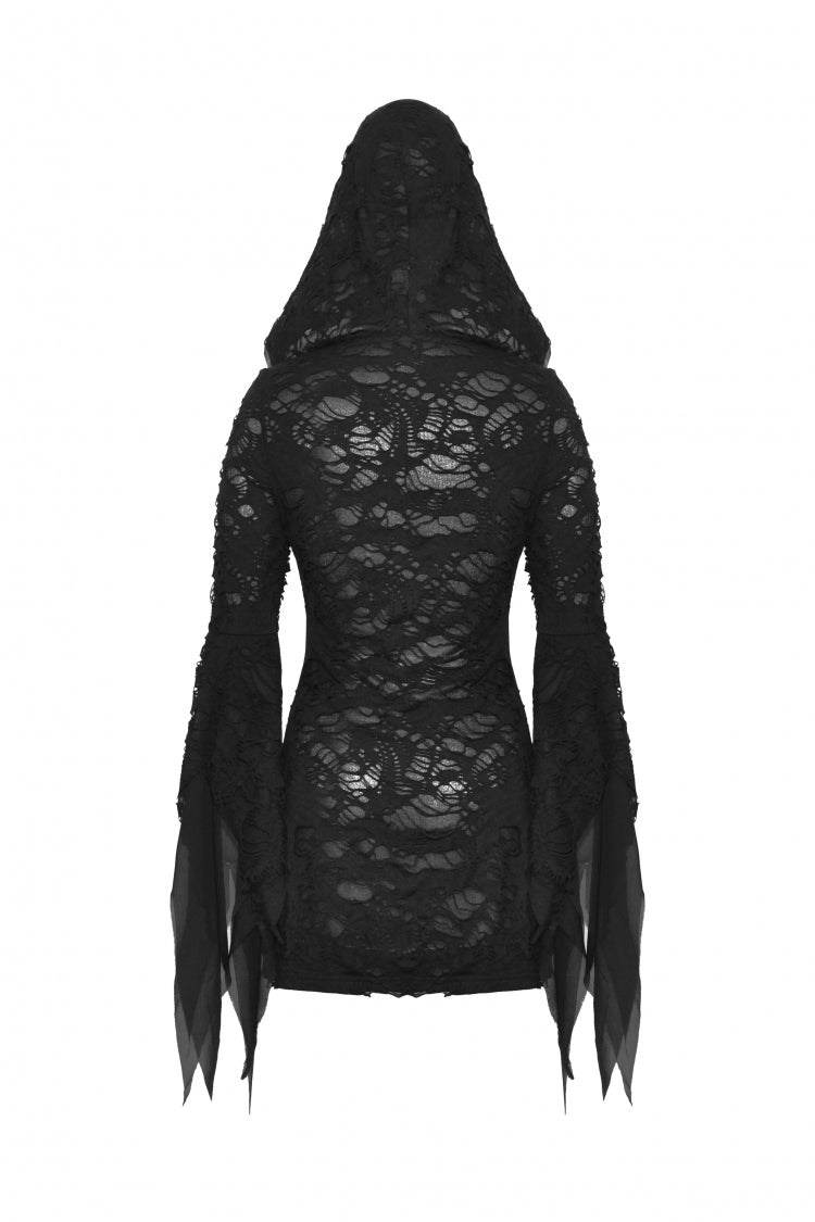 Black Evil Devil Long Flared Sleeves Ripped Women's Gothic Hooded Slim Dress - Product - 14